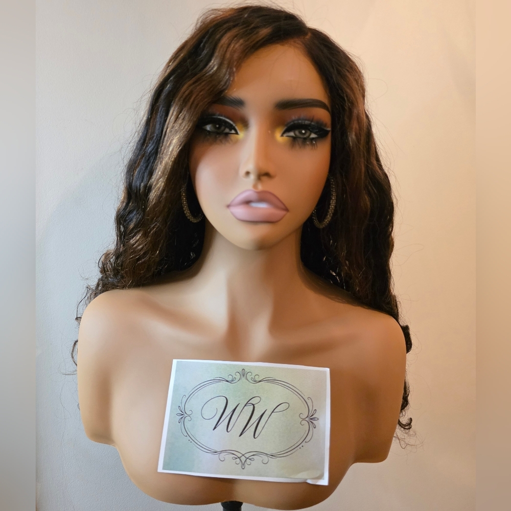 Natural Color With Chestnut Hightlights Water Wave Human Hair Wig - Picture 2 of 8
